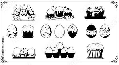 A black and white graphic collection of decorated Easter eggs and traditional cakes in various styles.