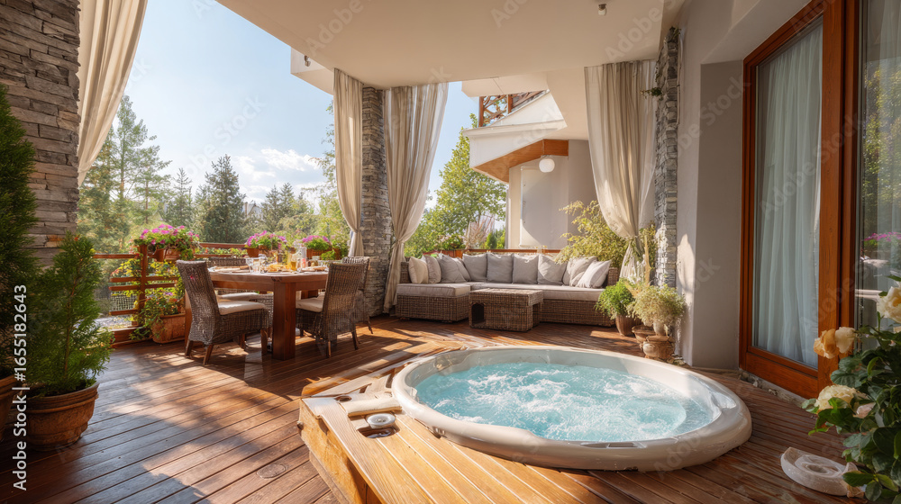 Fototapeta premium Luxurious balcony setup with a private jacuzzi, part of a boutique hotel or upscale cottage spa experience