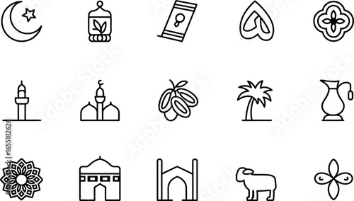 Eid al-Adha:  Simple Line Icons, Islamic Festive Symbols, Minimalist Style