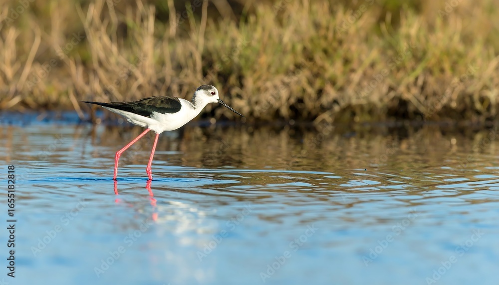 Fototapeta premium A black-winged stilt walks along a tranquil water's edge, its delicate pink legs reflecting in the still surface.
