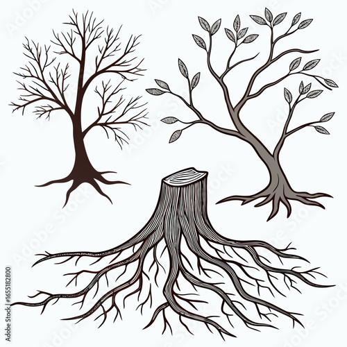Various brown tree or shrub roots. Parts of plant, root system with tree stump. Dendrology, study of woody plants. Sketch drawing. Vector illustration