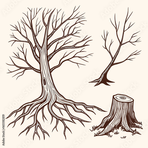 Various brown tree or shrub roots. Parts of plant, root system with tree stump. Dendrology, study of woody plants. Sketch drawing. Vector illustration