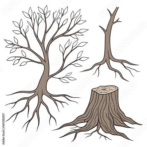 Various brown tree or shrub roots. Parts of plant, root system with tree stump. Dendrology, study of woody plants. Sketch drawing. Vector illustration