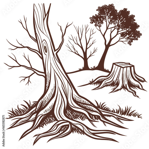 Various brown tree or shrub roots. Parts of plant, root system with tree stump. Dendrology, study of woody plants. Sketch drawing. Vector illustration