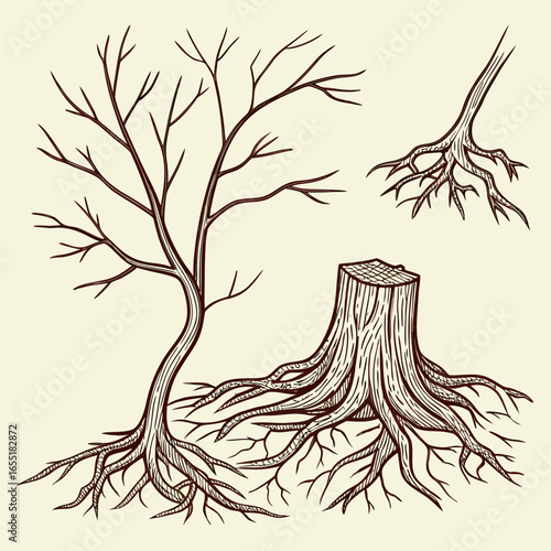 Various brown tree or shrub roots. Parts of plant, root system with tree stump. Dendrology, study of woody plants. Sketch drawing. Vector illustration
