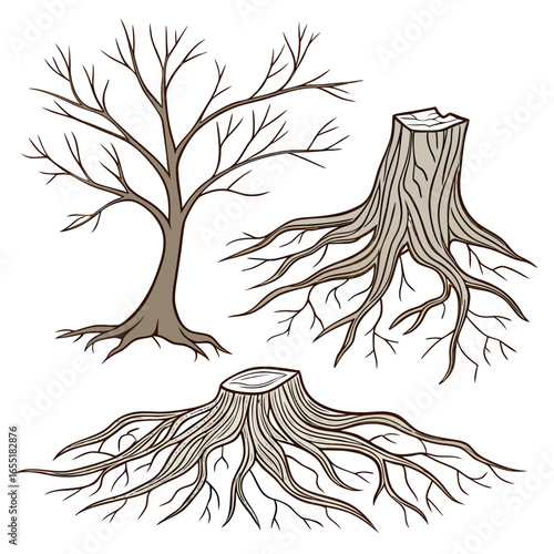 Various brown tree or shrub roots. Parts of plant, root system with tree stump. Dendrology, study of woody plants. Sketch drawing. Vector illustration