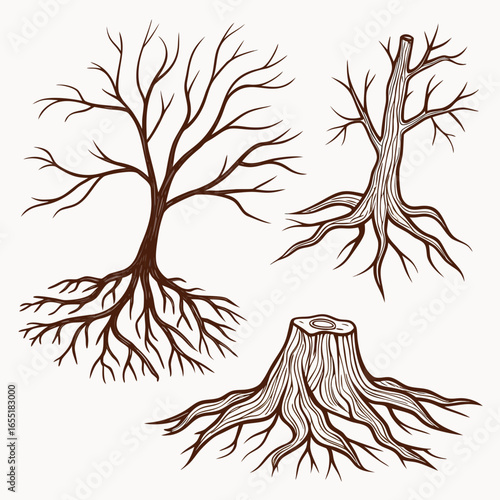 Various brown tree or shrub roots. Parts of plant, root system with tree stump. Dendrology, study of woody plants. Sketch drawing. Vector illustration