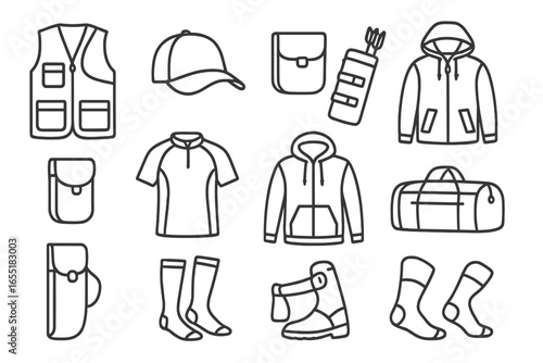 Archery Gear Icons. Line style icons of archery clothing and accessories: shooting vest, archery cap, glove pouch, quiver belt,