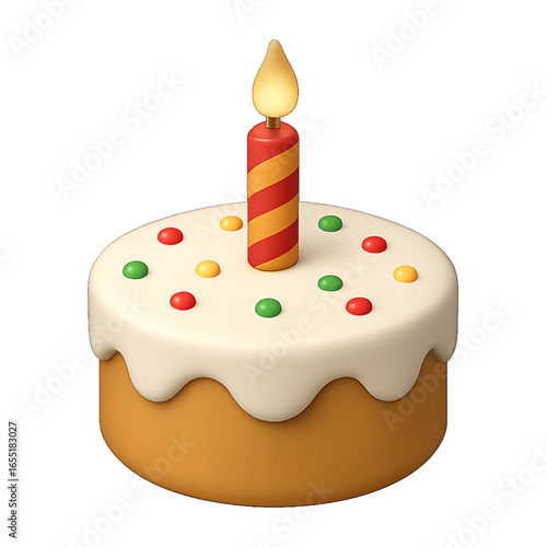 Birthday cake 3D emoji plastic icon for celebration party dessert sweet treat candles frosting festive occasion happy birthday colorful decoration joyful event isolated transparent design element