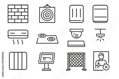 Indoor Archery Icons. Line style icons of indoor archery range items: foam wall, lighted target, padded wall, AC unit, floor