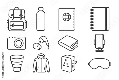 Minimalist Travel Icons. Line style icons of minimalist travel gear: canvas backpack, refillable bottle, passport wallet, travel