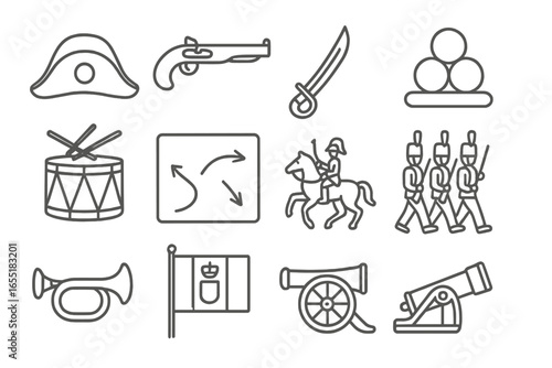 Napoleonic War Symbols. Line style icons of Napoleonic warfare: bicorne hat, flintlock pistol, saber, cannonball stack, military