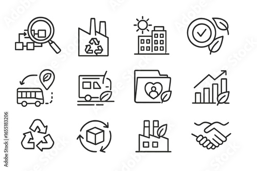 Sustainable Business Icons. Line style icons of sustainable business practices: supply chain audit, zero-waste factory,