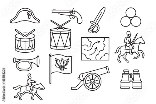 Napoleonic War Symbols. Line style icons of Napoleonic warfare: bicorne hat, flintlock pistol, saber, cannonball stack, military