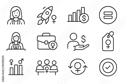 Gender Lens Investing Icons. Line style icons of gender lens investing: female entrepreneur icon, women-led startup, pay equity