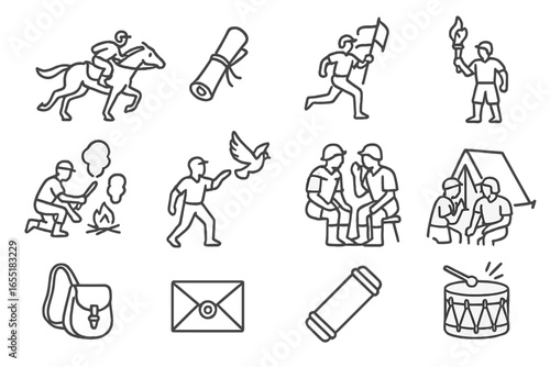War Messenger Icons. Line style icons of war messengers: galloping rider, messenger scroll, signal flag runner, torchbearer, smoke