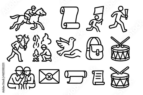 War Messenger Icons. Line style icons of war messengers: galloping rider, messenger scroll, signal flag runner, torchbearer, smoke