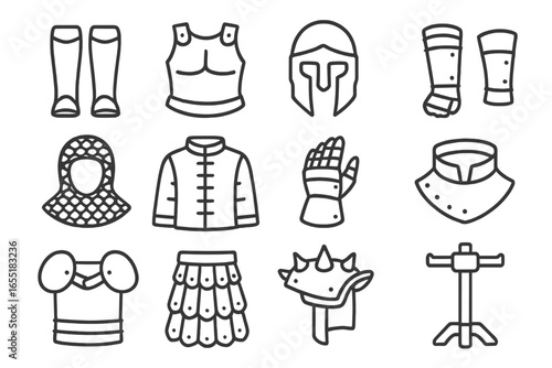 Ancient Armor Icons. Line style icons of ancient armor pieces: greaves, cuirass, helm, bracers, chainmail hood, padded tunic,