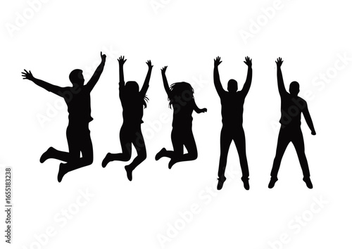 Silhouette of five expressive people leaping with excitement, a vector graphic symbolizing freedom, happiness, and teamwork.