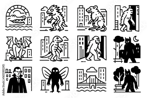 Urban Cryptid Icons. Line style icons of cryptid creatures in cities: sewer alligator, urban chupacabra, mutant rat, rooftop