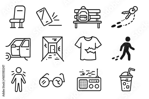 Abduction Icon Set. Line style icons of vanishing and abduction tales: empty bus seat, dropped phone, backpack on bench, trail of