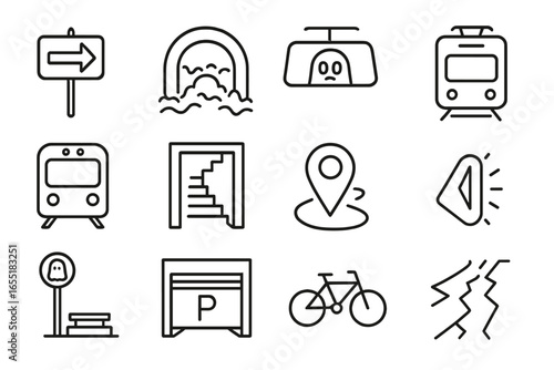 Cursed Journey Icons. Line style icons of cursed journeys: one-way road sign, fog-covered tunnel, ghost car in rearview, train
