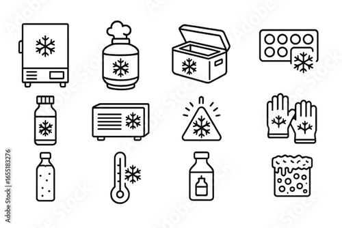 Cold Storage Icons. Line style icons of cold storage and preservation: ultra-low freezer, cryogenic tank, ice box, cold sample