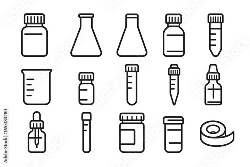Laboratory Containers Icons. Line style icons of laboratory containers: screw-cap bottle, conical flask, Erlenmeyer flask, reagent