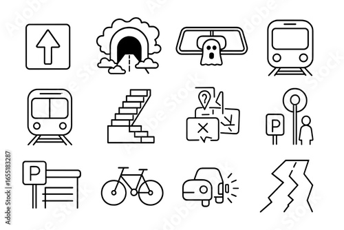 Cursed Journey Icons. Line style icons of cursed journeys: one-way road sign, fog-covered tunnel, ghost car in rearview, train