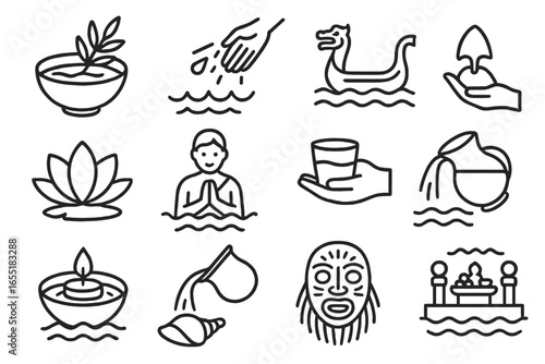 Water Ritual Icons. Line style icons of water-based cultural rituals: river blessing bowl, holy water splash, symbolic boat figure