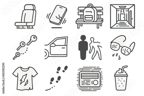 Abduction Icon Set. Line style icons of vanishing and abduction tales: empty bus seat, dropped phone, backpack on bench, trail of