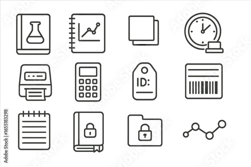Lab Record Keeping Icons. Line style icons of lab record keeping: lab book icon, notebook with graph, sticky note pad, timestamp