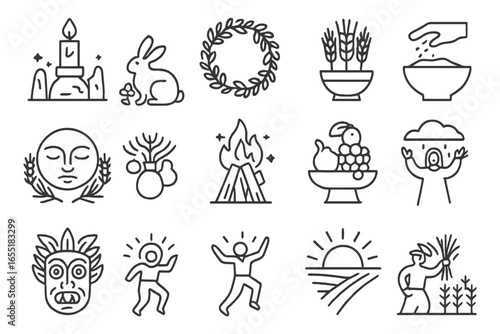 Ritual Icons Collection. Line style icons of seasonal and agricultural rituals: solstice altar, seasonal wreath, grain offering,