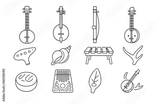 Handcrafted Instrument Icons. Line style icons of handcrafted rare instruments: gourd banjo, coconut violin, bamboo diddley bow,