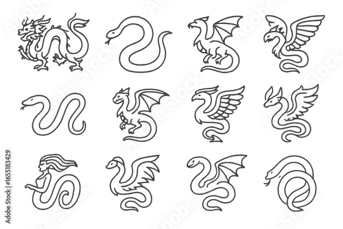 Flying Serpent Icons. Line style icons of flying serpent beings: Asian long dragon, rainbow serpent, basilisk, flying snake,
