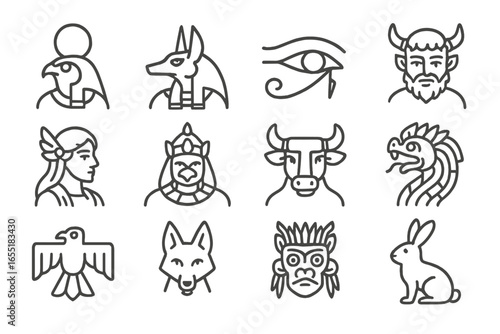 Iconic Deity Line Art. Line style icons of ancient deities and avatars: Ra falcon god, Anubis jackal, Horus eye avatar, Greek