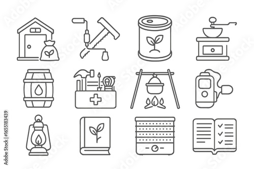 Survival Essentials Icons. Line style icons of long-term survival items: seed vault, hand crank tools, food canister, manual