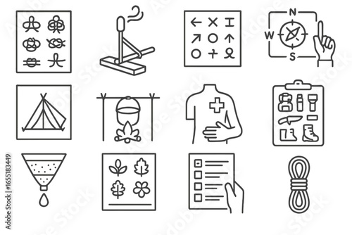 Survival Training Icons. Line style icons of survival training and practice: knot tying chart, fire drill board, trail signs