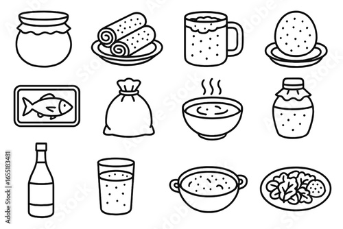 Fermented Foods Icons. Line style icons of traditional fermented foods: dosa batter pot, injera flatbread, kvass mug, fermented
