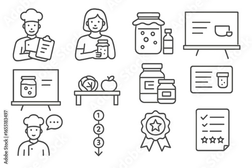 Culinary Fermentation Class Icons. Line style icons of culinary fermentation classes: chef with clipboard, student with jar,