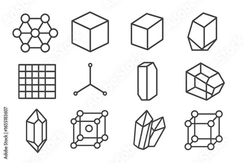 Crystal Structure Icons. Line style icons of crystal structures: hexagonal lattice, cubic crystal, monoclinic form, orthorhombic