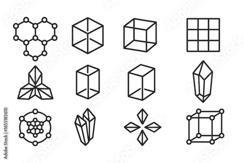 Crystal Structure Icons. Line style icons of crystal structures: hexagonal lattice, cubic crystal, monoclinic form, orthorhombic