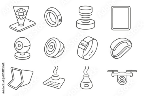Futuristic Gadgets Icons. Line style icons of futuristic gadgets: holographic smartphone, wearable translator ring, levitating