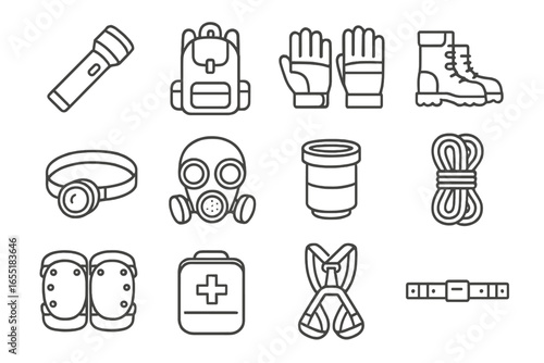 Urban Exploration Icons. Line style icons of urban exploration gear: flashlight tool, backpack icon, climbing gloves, waterproof