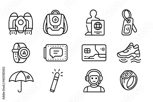 Futuristic Travel Icons. Line style icons of futuristic travel essentials: compact jetpack, climate-adaptive bag, holographic