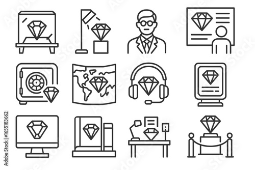 Gemstone Museum Icons. Line style icons of gemstone museums and exhibits: gemstone display case, exhibit spotlight, museum curator