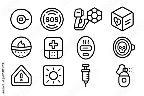 Futuristic Emergency Tools Icons. Line style icons of futuristic emergency tools: emergency AI call disc, SOS signal ring,