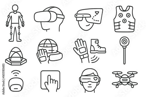 AR & VR Icon Set. Line style icons of AR & VR extensions: full-suit motion sensor, immersive VR helmet, AR navigation lens,