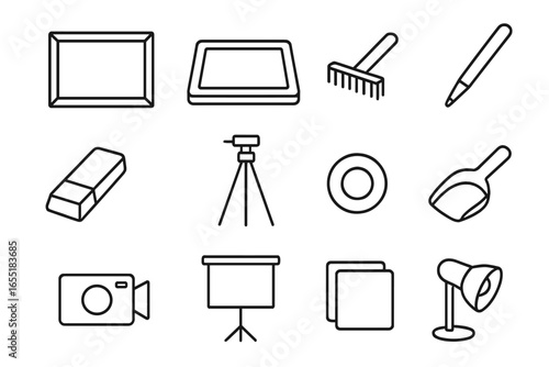 Sand Animation Tools Icons. Line style icons of sand animation tools: animation frame box, backlight panel, sand spreader, stylus