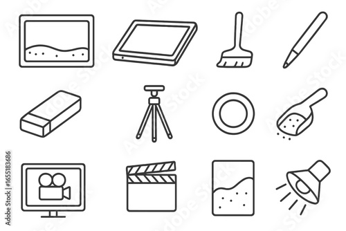 Sand Animation Tools Icons. Line style icons of sand animation tools: animation frame box, backlight panel, sand spreader, stylus
